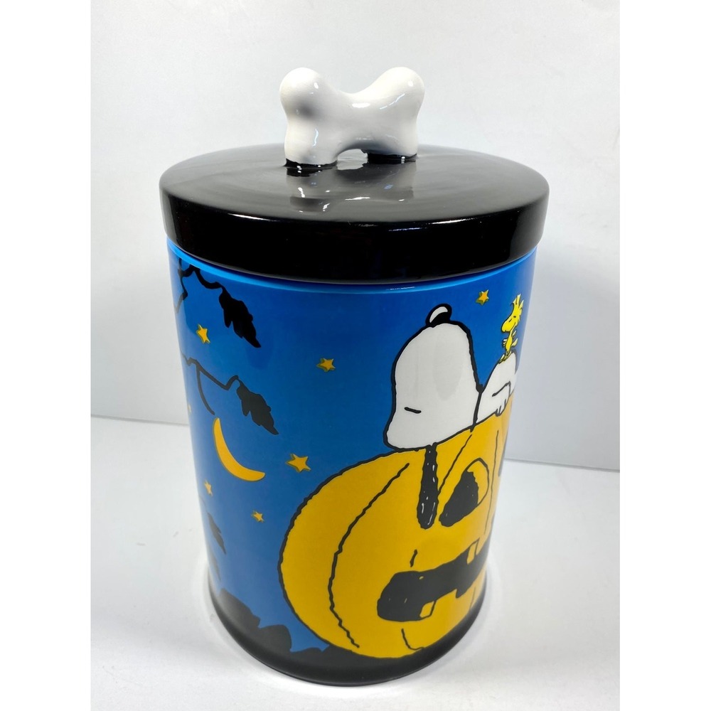 Peanuts Snoopy Halloween Ceramic Cookie Jar Canister Fall Pumpkin Blue Bone Lid - Picture 6 of 12